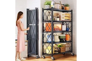 Modern Strong Steel 5-Layer Adjustable Foldable Metal Storage Shelf Rack Baking Paint Wheels Standing Type Installation for
