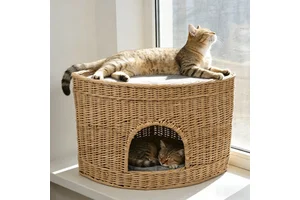 Best Selling 2026 New Design Rattan Wicker Cat Dog Bed Cave House Storage Basket Coffee Table Side Removable Washable Cushion