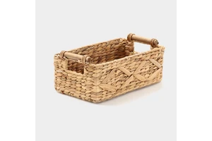 Handwoven Water Hyacinth Rectangular Basket with Wooden Handles and Natural Texture