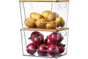 Clear Stackable Storage Containers Plastic Open Front Storage Bins with Lids Handle Kitchen Organizer