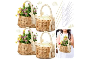 Hand Woven Wedding Flower Girl Baskets with Handle and Ribbon Wicker Rattan Gfit Basket for Home Garden Decor
