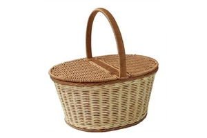PP Plastic Synthetic Rattan Woven Picnic Basket With Lid And Handle Outdoor Camping Food Storage Wicker Basket For Fruit