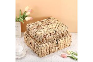 2 Packs Rectangular Decorative Storage Box with Lid Water Hyacinth Woven Stackable Storage Organizer for Shelf Home Closet