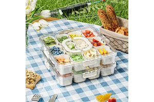 12 Compartment PP+PET Square Multifunctional Serving Tray with Lids and Handle Kitchen Snack Box and Food Storage Container Set