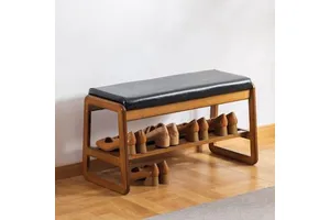 2-Tier Wood Shoe Rack Entryway Convenient Stackable Free Standing Shelf Shoes Rack Stand Organizer with Black Seat Cushion