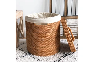 Large Rattan Laundry Basket with Lid and Removable Liner Handmade Wicker Laundry Hamper for Bedroom Bathroom Home Storage
