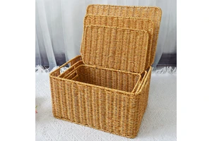 Cheap Plastic Rattan Picnic Basket With Lid Handles Brown Wicker Storage Bin PP Woven Natural Rattan Storage Basket