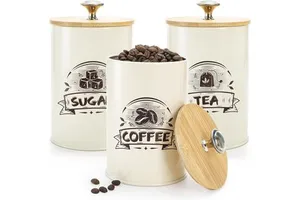 Metal Storage Box Customize Storage Bin Tea Coffee Sugar Canister Set With Bamboo Lid With Handle