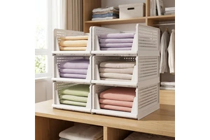 Space-saving Foldable Stackable Storage Bin with Open Front, Collapsible Closet Organizer for Bedroom Clothes
