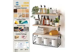 Bathroom Shelf For Wall Natural Wood Rectangular Saving Storage Basket Floating Wall Shelf Kitchen Living Room Carved Farmhouse