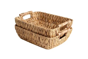 Hand-Woven Large Storage Baskets With Wooden Handles Water Hyacinth Wicker 2-Pack
