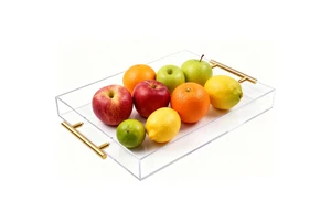 Clear Acrylic Serving Tray with Metal Handles,Easy to Assemble,Decorative Storage Organizer with Spill-Proof Design