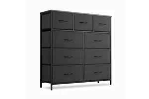 Premium 9 Drawer Fabric Dresser Storage Chest With Wood Top Heavy Duty Metal Frame Drawer Unit For Bedroom Closet Organization
