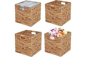 Foldable Handwoven Wicker Square Storage Baskets Home Organizer Water Hyacinth Felt Material Eco-Friendly Durable For Toys