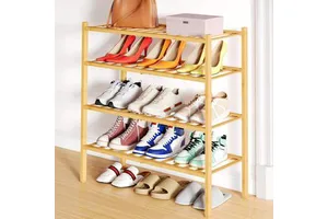 Four-Layer Bamboo Glossy Finish Rectangle Space Saving Adjustable Stackable Free Standing Shoe Rack Organizer