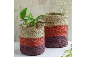 Factory Direct Sale Set of 2 Multi-Color Round Rattan Basket Customized Size Modern Style Handmade Plant Basket