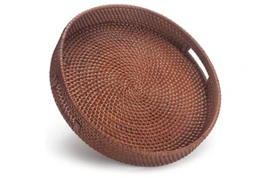 Round Rattan Tray, Decorative Coffee Table Tray, Ottoman Tray, Woven Serving Tray With Handles, Wicker Serving Basket
