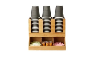 6 Compartment Coffee Condiment Organizer Storage Rack, Paper Cup Holder, Bamboo Wood Material, for Kitchen and Office