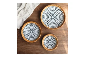 Hand Woven Rattan Serving Tray Ceramic Candy Tray Decorative Wicker Food Basket for Table for Amazon FBA Product