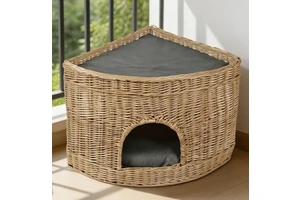 Natural Willow Rattan Cat Bed House Pet Cave Den With Cozy Cushion Handmade Woven Basket Hideout Furniture For Small Cats Kitten