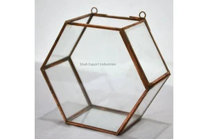 Antique Gold Brass Frame Glass Box Hexagon Shape Wall Hanging Decorative Shelves Storage Box For Home Living Room Decor