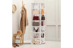 Wooden 360 Rotating 7-Tier Shoe Rack & Toys Organizer Tall Tower Free Standing Space Saving Living Room Storage Cabinet