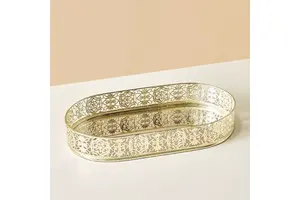 Serving Tray Antique Metal Handmade High Quality Light Weight Fancy Oval Shape Unique Table Top Storage Home Organization Round