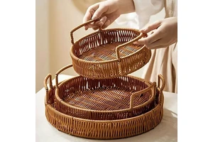 Natural Rattan Round Serving Tray Handles Woven Wicker Nesting Basket Shallow Fruit Tray for Table Use Multifunction Storage