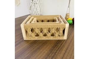 Handcrafted Wooden Storage Box with Cotton Rope Woven Details Sturdy & Decorative Home Organizer