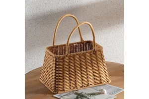 Rattan Wicker Flower Gift Basket Hand Woven Storage Basket Foldable Handle Home Decoration Picnic Basket