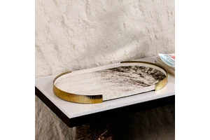 Oval Cowhide Beige Decor Tray Gold Rippled Metal Frame Handmade Serving Tray Luxury Tabletop Storage Ornament for Hotel Decor