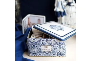 Kontensan ER0284H 198x198x100 mm Azulejo-Inspired Blue & White Decorative Pattern Metal Storage Box 3.7L Square Elegant Design