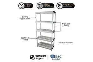 HD18 5tier Multi-purpose Plastic Storage Rack Heavy Duty Storage Shelving Racking System for Office, Closet and Garage Household