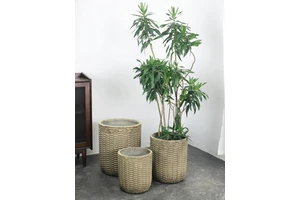 Retro Bamboo Rattan Woven Magnesium Mud Large Flower Pot Woven Design Indoor Outdoor Chinese Style Monstera Dragon Tree