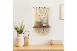 Single Tier Macrame Boho Wall Hanging Shelf Handmade Bohemian Woven Plants Storage Decor Home Decoration Bathroom Bedroom