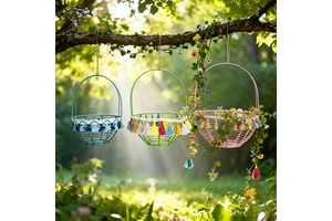 2024 Hot 3PCS Colorful Decorative Round Base Handle Metal Wire Basket Handwoven Easter Storage Basket Rattan Iron Outdoor Use
