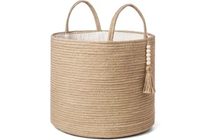 Woven Storage Basket Decorative Natural Rope Basket for Blankets,Toys,Clothes,Shoes,Plant Organizer Bin with Handles Home Decor