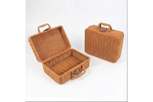 Wholesale PP Synthetic Rattan Woven Multifunction Eco-Friendly Storage Basket Modern Wicker Picnic Suitcase Box Handle Kitchen