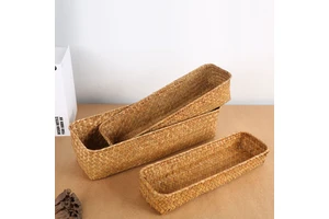 Rustic Handmade Seagrass Organizer Basket Large Woven Straw Rattan Storage Box for Home Decoration & Picnic Use