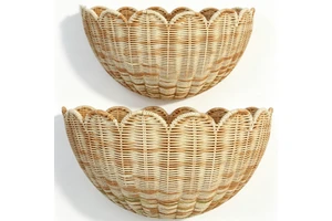 Scalloped Contemporary Wicker Rattan Wall Baskets 2pcs Hand Woven Hanging Set Bathroom Storage Decor Home Wholesale