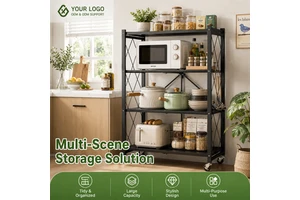 Foldable 4 Tier Kitchen Storage Rack with Wheels No Assembly Metal Shelf Organizer for Home Wholesale Supplier