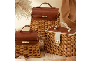 Rattan Decorative Brown Small Wicker Picnic Baskets With Metal Lock Handles Rectangular Shape Hand-held Storage Basket