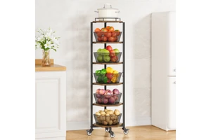 5-Tier Rotating Corner Storage Rack With Wheels, Kitchen Vegetable Fruit Basket Organizer Shelf