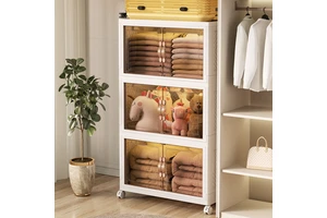Multi-Functional Plastic Storage Box Wheels Foldable Double Door Bins Cabinet for Clothes Toys Books Snacks for Bathroom Use