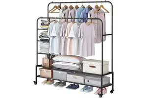 Five-Layer Stainless Steel Metal High-and-Low-Tier Clothes Drying Rack with Double-Layer Hanger Wheels Wire Mesh Shelf