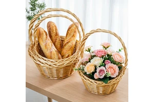 Handwoven Wicker Storage Basket with Handle Natural Rattan Bread Fruit Basket for Home Kitchen Picnic Storage and Home Decor