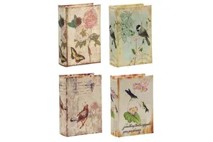 Set of 4 Decorative Storage Boxes with Birds and Flowers Handwriting Design 5.5x4x2" Book Boxes