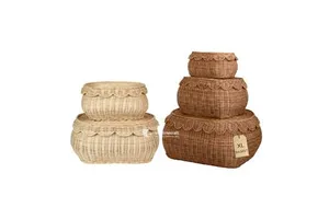 Scalloped Rattan Basket Set Decorative Wicker Storage Basket With Lid Wholesale