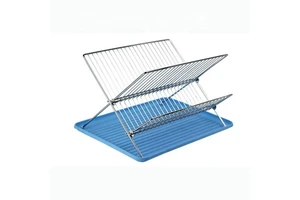 BX Group Foldable 2 Tier Kitchen Dish Holding Rack Flat Blue Plastic Dish Tray