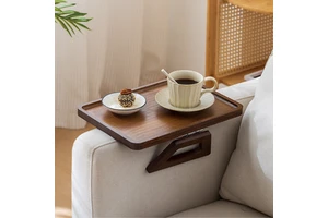 Runwood Bamboo Sofa Tray Eco-friendly Save Space Foldable Table On Couch Side Table Sofa Arm Tray Clip For Afternoon Tea Cake